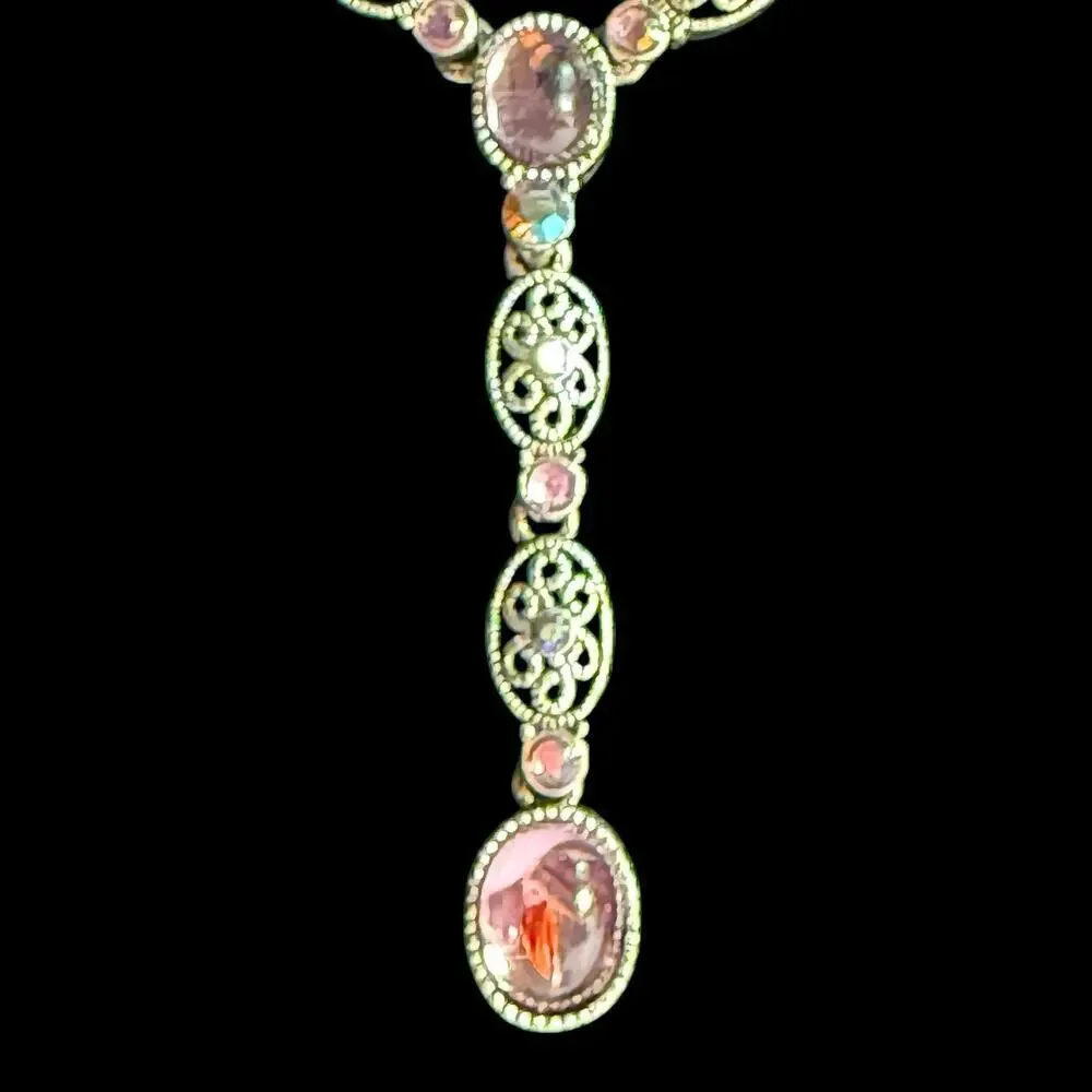 VTG Avon Silver Plate Filigree Cabochon AB Rhinstone Y Drop Lavaliere Necklace - Picture 4 of 16